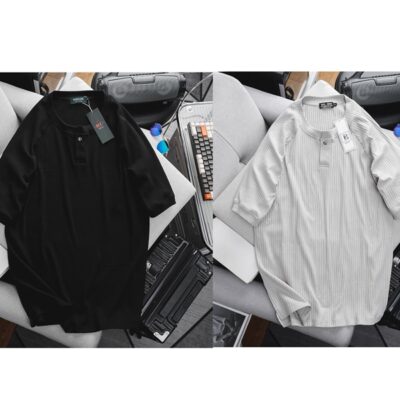 Áo thun cổ tròn vải sọc gân cài nút thời trang (Mẫu 28)
