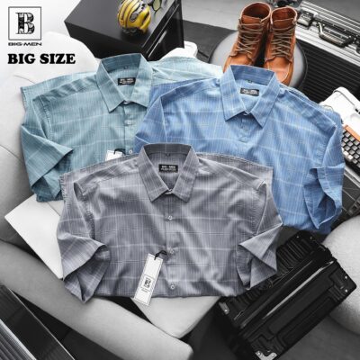 [Big Men] Áo sơ mi tay ngắn phối sọc vuông lịch lãm thời trang bigsize nam 80- 130 kg