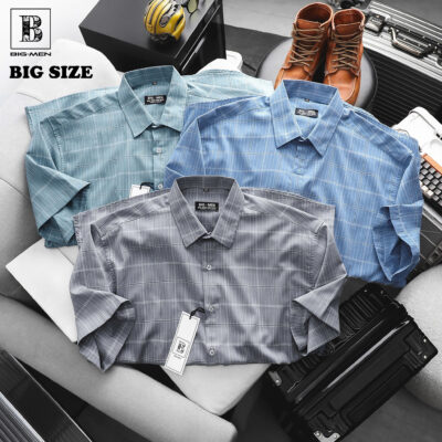 [Big Men] Áo sơ mi tay ngắn phối sọc vuông lịch lãm thời trang bigsize nam 80- 130 kg