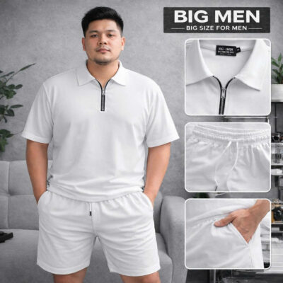 Big Men- Set bộ quần áo polo phối khóa kéo chất vải tổ ong co giãn thời trang bigsize nam 85- 135 kg - màu trắng