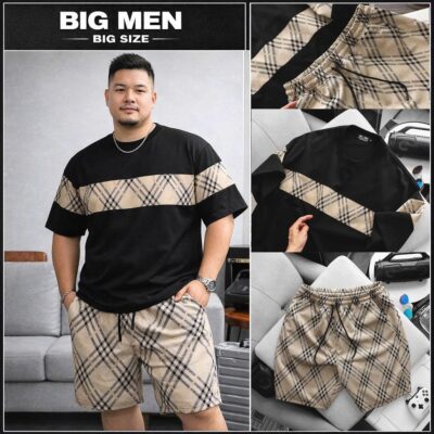 BIG MEN- Set bộ quần áo phối sọc tartan chất vải umi thời trang bigsize nam 85-135kg