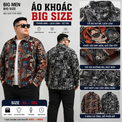 BIG MEN- Áo khoác sơ mi vải jean gấm họa tiết pop art + ký họa thời trang bigsize nam 95- 135kg