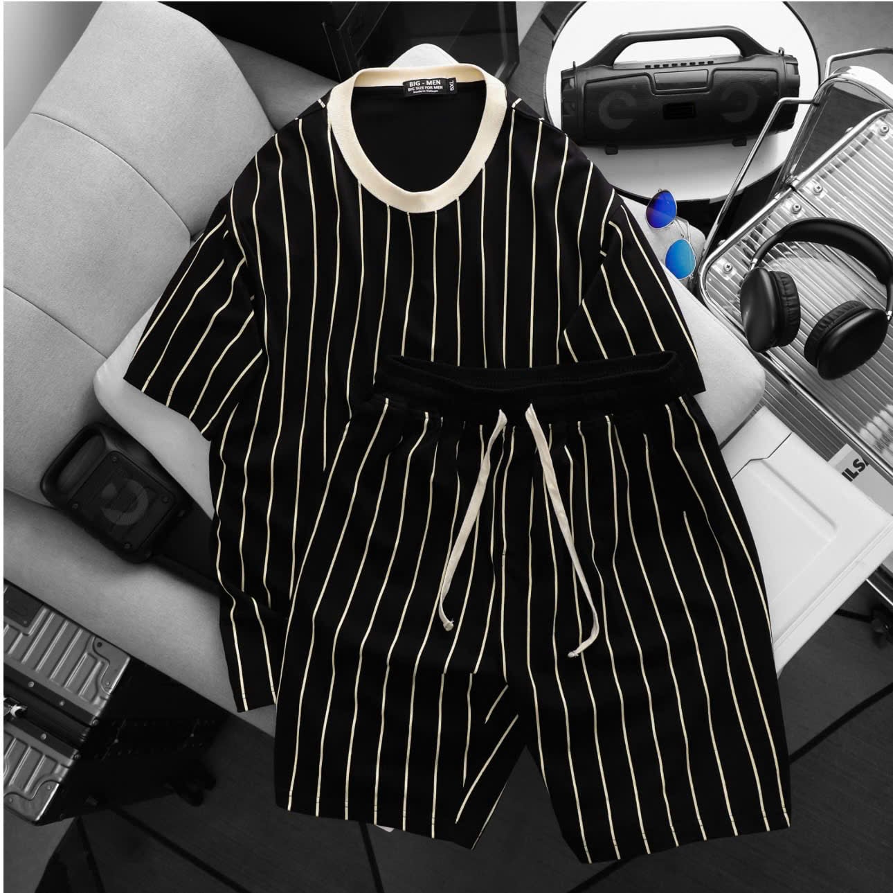 BIG MEN- Set bộ chất vải cotton cổ tròn phối sọc dọc thời trang bigsize nam 85- 135kg