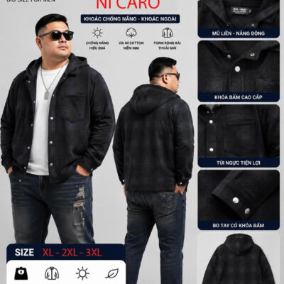 BIG MEN- Áo khoác có nón vải nỉ caro bố phối nút bấm màu xám đen thời trang bigsize nam 100- 140kg