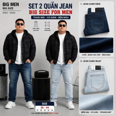 BIG MEN- Quần jean dài ống suông co giãn tông xanh xịn xò thời trang bigsize nam 80- 130kg_ xanh đá+ xanh nhạt