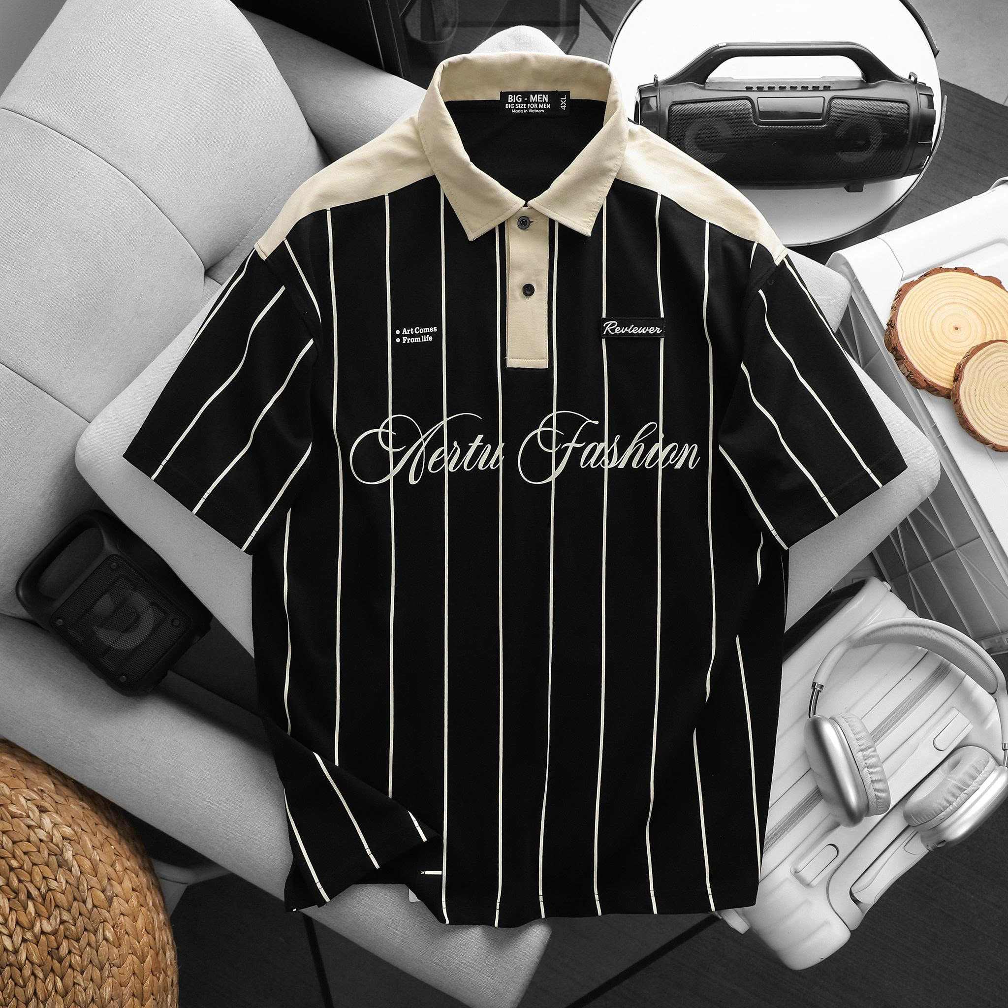 BIG MEN- Áo thun polo vải cotton sọc dọc phối chữ Aertu Fashion bigsize nam 85- 135kg - Ảnh 5